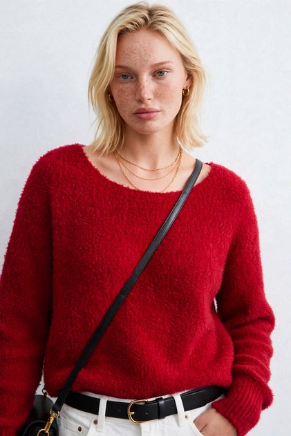 Women's Boat Neck Boucle Sweater - Red