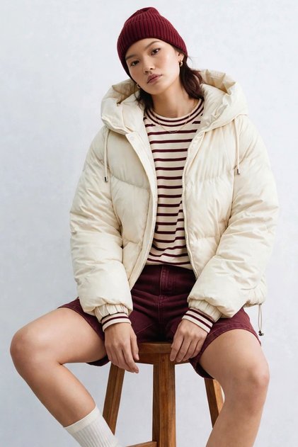 Women's Collared Buttoned Puffer Coat - Ecru