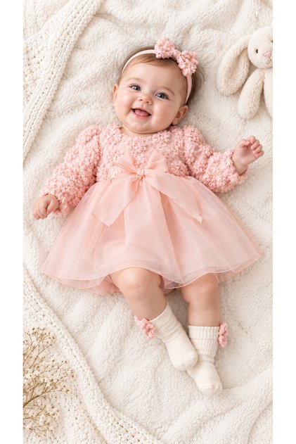 Emily 3-6 Months Baby Girl Floral Textured Bow Tulle Dress 3-Piece Set – Dress, Headband, and Socks Set
