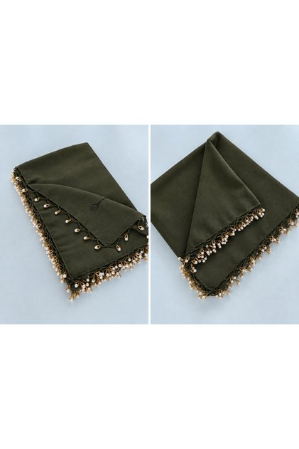 Pearl Beaded Handcrafted Writing Muslin Cloth Khaki Color 100X100 cm Hand Embroidered
