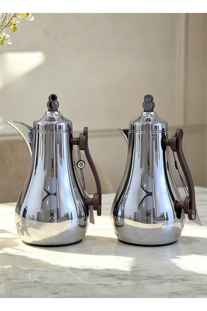 Trams Set for Tea and Coffee, 2 Pieces, Stainless Steel, 1 Liter Capacity for Two Sizes - High Quality, 1 Year Company Guarantee, Maintains Heat.