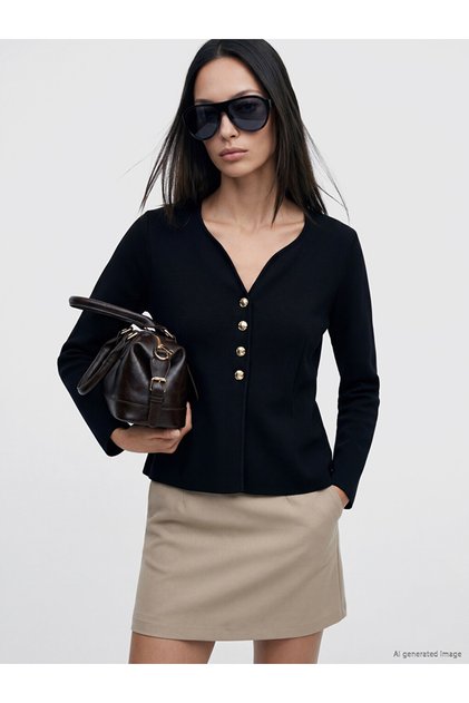Özmarka New Season Black V-Neck Regular Fit Women's Knitwear Cardigan