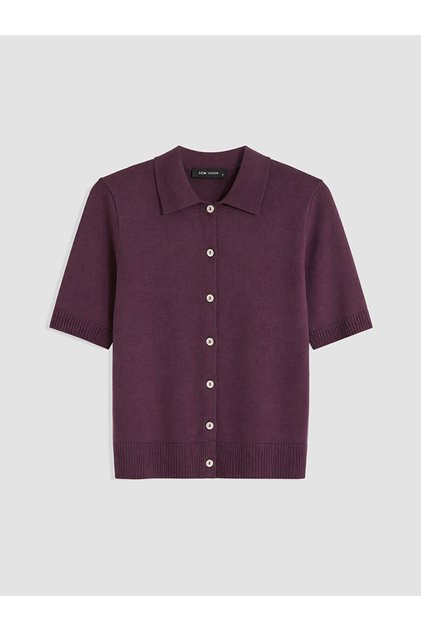Purple Polo Collar Women's Knitwear Cardigan