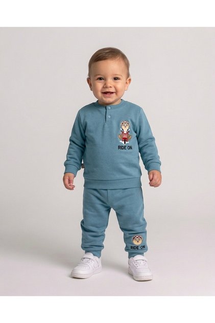 Baby Boy Winter 3 Thread Yarn Rastered Ride on Printed 6-9-12-18-24 Months 2-Piece Top and Bottom Set