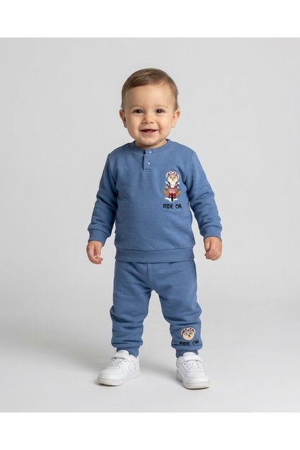 Baby Boy Winter 3 Thread Yarn Rastered Ride on Printed 6-9-12-18-24 Months 2-Piece Top and Bottom Set