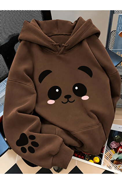 Panda Baskılı Kapüşonlu Oversize Sweatshirt
