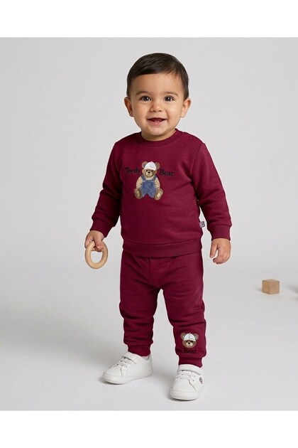 Baby Boy Winter 3 Thread Threaded Bear Bear Printed 6-9-12-18-24 Months 2-Piece Top and Bottom Set