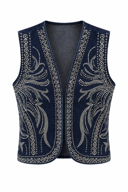 Navy Blue Sequin and Embroidered Denim Vest