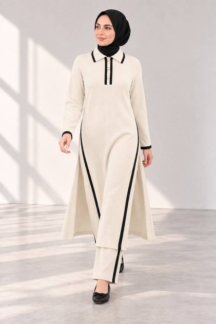 Women's Polo Collar Textured 2-Piece Tunic and Pants Knitwear Set