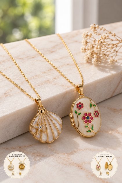 316L Steel Gold Flower and Seashell Figured Openable Cover Necklace 2-Piece Jewelry Set Tarnish-Free Antiallergic Women's Necklace