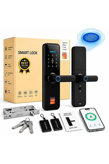 قفل باب ذكي أسود من TTLock، 5 طرق للفتح، تطبيق، بصمة الإصبع، رمز المرور والمفتاح، نظام دخول آمن للمنزل