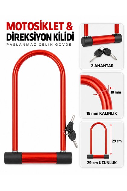 29 cm U Tipi Motosiklet ve Direksiyon Kilidi – 18 mm Paslanmaz Çelik, 2 Anahtarlı