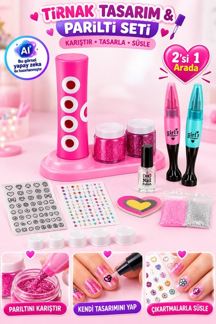 2in1 Tırnak Tasarım ve Parıltı Seti – Karıştırıcılı 2 Kalemli Çıkartmalı Çocuk Nail Art Süsleme Seti