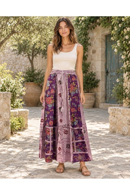 Dried Rose Color Poppy Embroidered Bohemian Long Skirt