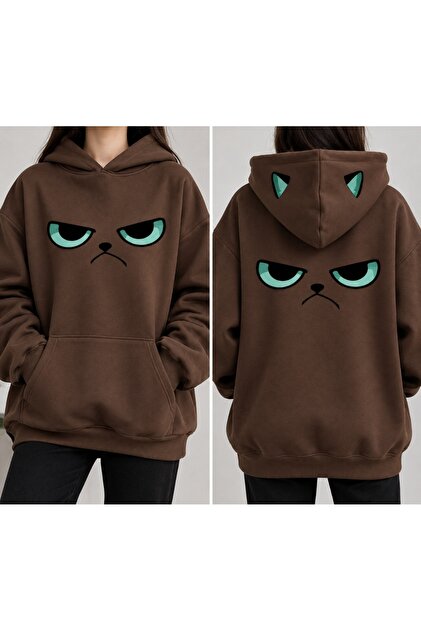 Women's Hooded Cat Patterned Oversize Sweatshirt