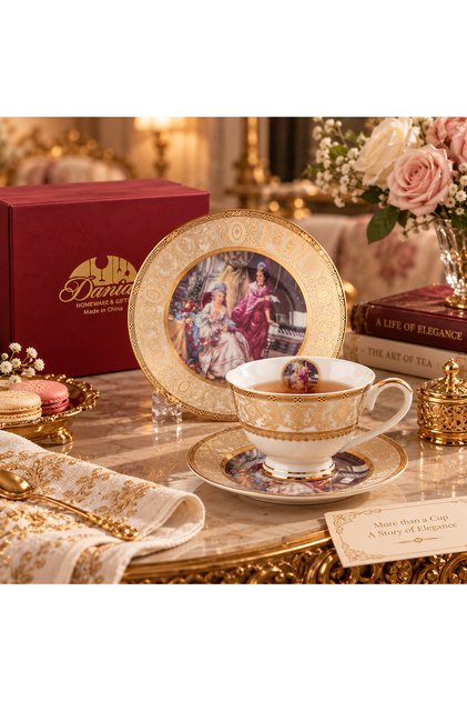 دانيا | طقم كوب شاي بورسلان مع صحن – نقشة حريم السلطان الفاخرة بالذهبي والأبيض – قطعتان – كوب 200 مل + صحن 16 سم