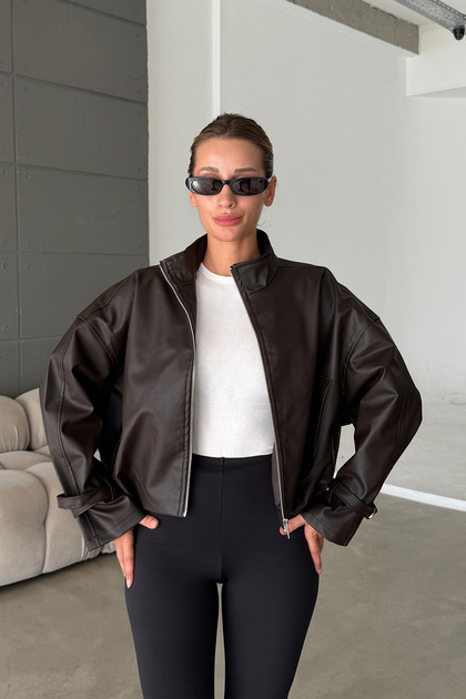 Zr Model Bitter Brown Stand Collar Comfortable Fit Women's Leather Jacket Coat