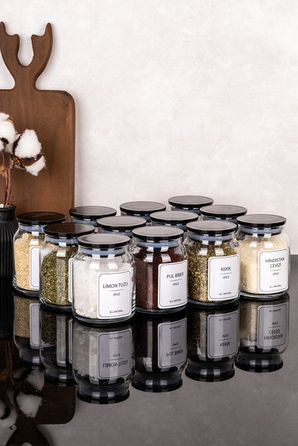 12-Piece 300 ml Premium Black Mica Vacuum Lid Glass Spice Jar Set with Spice Labels Storage Container