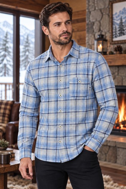 Men's Winter Flannel Shirt Relaxed Fit Single Pocket Buttoned Pockets Hidden Buttoned Collar