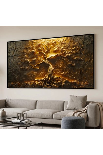 Golden Tree of Life Canvas Print Wall Art, Metal Finish, Nature Home Décor, Illuminated Abstract Tree Canvas, Modern Wall 60x120 Gallery Wrapped