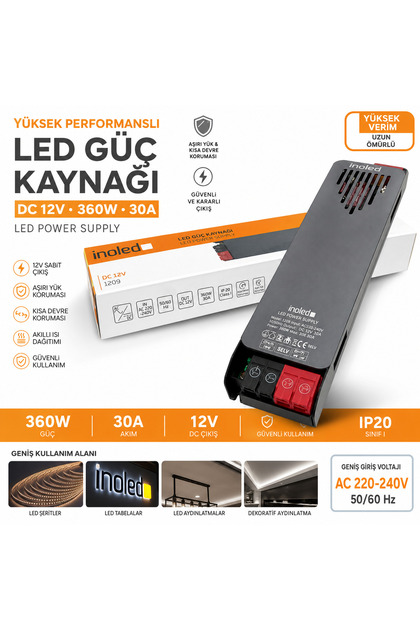 1209 – 30A 360W 12V LED Güç Kaynağı | Kısa Devre Korumalı Adaptör | Şerit LED Trafo | 220V Ac – 12V Dc Dönüştürücü | Yüksek Verimli, Güvenli, Uzun Ömürlü LED Trafo Şerit LED Güç Kaynağı