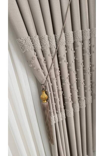 Linen Textured Pompom Mink Panel Background Curtain (Single Panel)