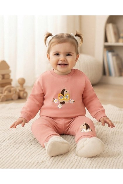 Baby Girl Winter 3 Thread Threaded Daisy and Horse Embroidered 6-9-12-18-24 Months 2-Piece Top and Bottom Set