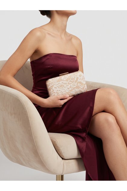 Beige Color Z.A.R.A Satin Lace Embroidered Gold Detailed Chain Strap Women's Evening Dress Bag Wedding Engagement Graduation