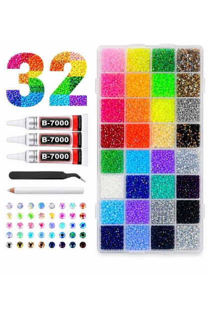 32 Colors Crystal Rhinestone Set Decoration Rhinestone Beads Kit for Nail Art and Clothing with Glue and Tools