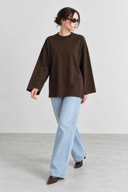 Women's Brown Cotton Crew Neck Long Sleeve Oversize Basic T-Shirt