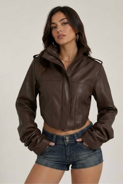 Women's New Season Corset Detail Cropped Leather Jacket