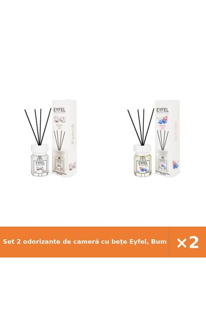 Set 2 odorizante de cameră cu bețe Eyfel, Bumbac și Orhidee, 2x120 ml