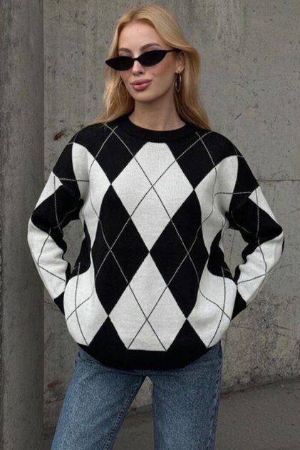 Women's Round Neck Diamond Patterned 100% Acrylic Knitwear Blouse Sweater