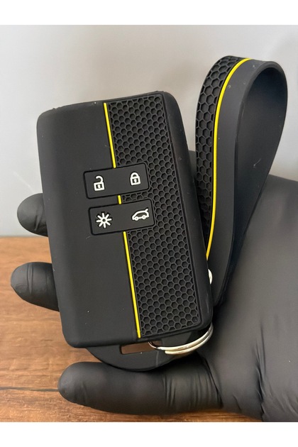Renault Talisman Megane4 Dacia Duster Compatible 4-Button Honeycomb Patterned Key Remote Control Protection Case Black Yellow + Keychain in the Same Pattern