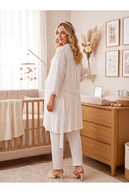 New Season Ecru Fisto Linen Detailed Buttoned Design Short Sleeve Maternity Pajama Set 3-Piece Set