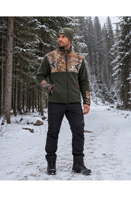 Haki Kamuflaj Detaylı Erkek Outdoor Polar Ceket | Fermuarlı 2 Cepli Polar