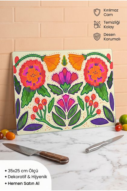 Kitchen Themed Glass Bread and Vegetable Cutting Board, Aesthetic and Stylish, Scratch Resistant, 25X35 cm Size