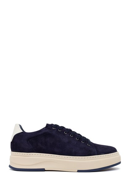 Men's Navy Blue Lace-Up Thick Soled Suede Leather Sneaker Wm740010Ds