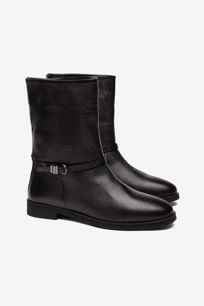 Black Genuine Leather Round Toe Belt Buckle Detailed Thin Sole Boots