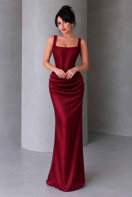 Burgundy Long Evening Dress with Corset and Waist Pleats Elegant and Classy Design