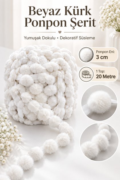 White Fur Pompom Ribbon – 3 cm Pompom Ribbon – 20 Meters Decorative Textile Trim Ribbon