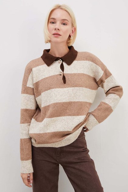 Striped Half Button Polo Neck Knitwear Sweater