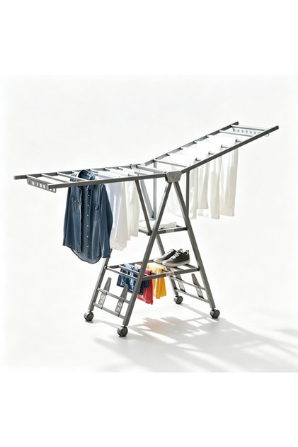 Large 160cm Gun‑Gray Foldable Clothes Drying Rack, Heavy Duty Freestanding Laundry Drier with Movable Universal Wheels, Multi‑Layer Garment Airer for Balcony Bedroom Garden