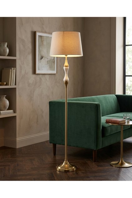 Metal Floor Lamp in Gold and White with Beige Fabric Shade