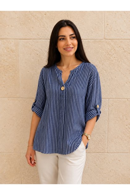 Women's Striped Cotton Single Button Blouse 42-46