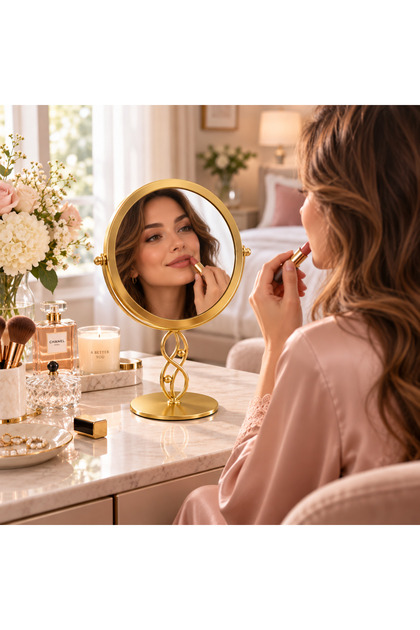 Gold Yuvarlak Masaüstü Makyaj Aynası – Dekoratif Ayaklı Çevrilebilir Vanity Ayna