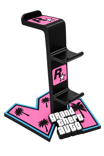 Suport Gaming 3 în 1 pentru 2 Controlere și Căști, Design GTA, Print 3D, Organizator Birou, Albastru/Roz