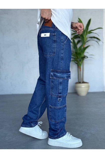 Blue Cargo Pocket Detailed Wide Leg Trousers
