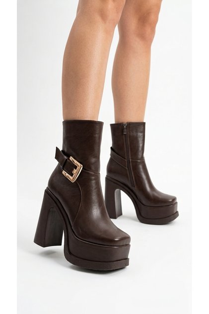 Women's Leather Look Big Buckle High Platform Heeled Boots