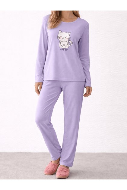 Kedi Peluş Kabartmalı Pijama Takımı - Lila